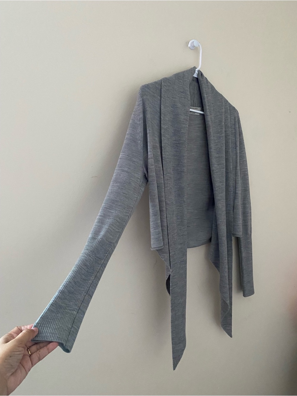 AllSaints Wasson Pirate Wrap Merino Wool Grey Open-Front Draped Cardigan - Picture 8 of 14